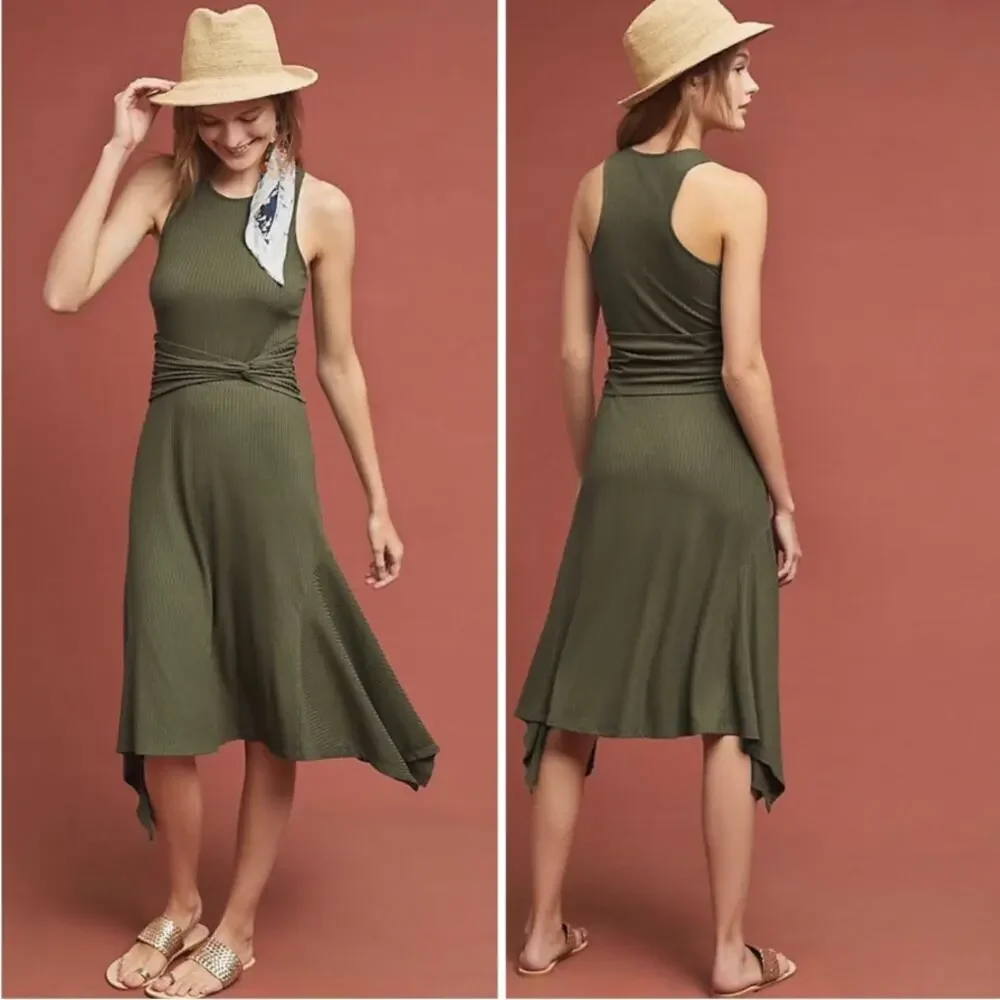 Anthropologie Olive Green Ribbed Knit Midi Dress Sz S Asym Hem Boho Chic - Picture 1 of 5